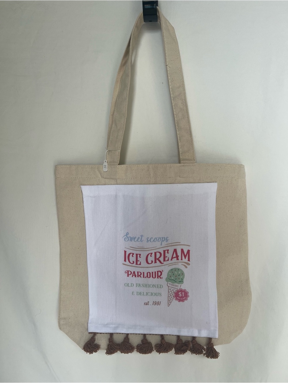New Handcrafted: Canvas Tassel Tote Bag with Ice Cream Print - Beige